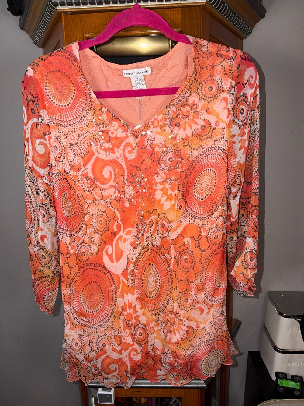 Dana Scott Orange Patterned V-Neck Tunic with Sparkle Detail
